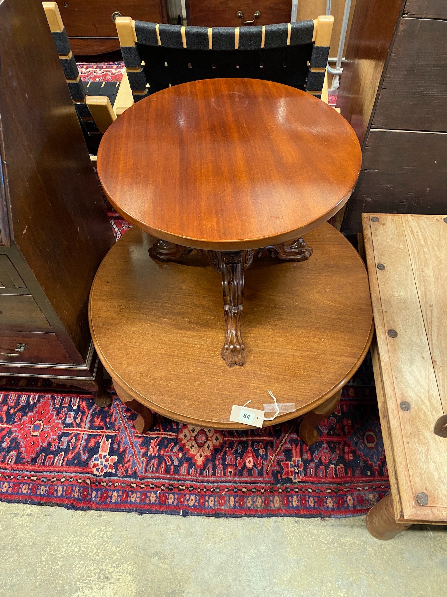 A Victorian and later circular mahogany occasional table, diameter 49cm, height 40cm, together with a later circular coffee table